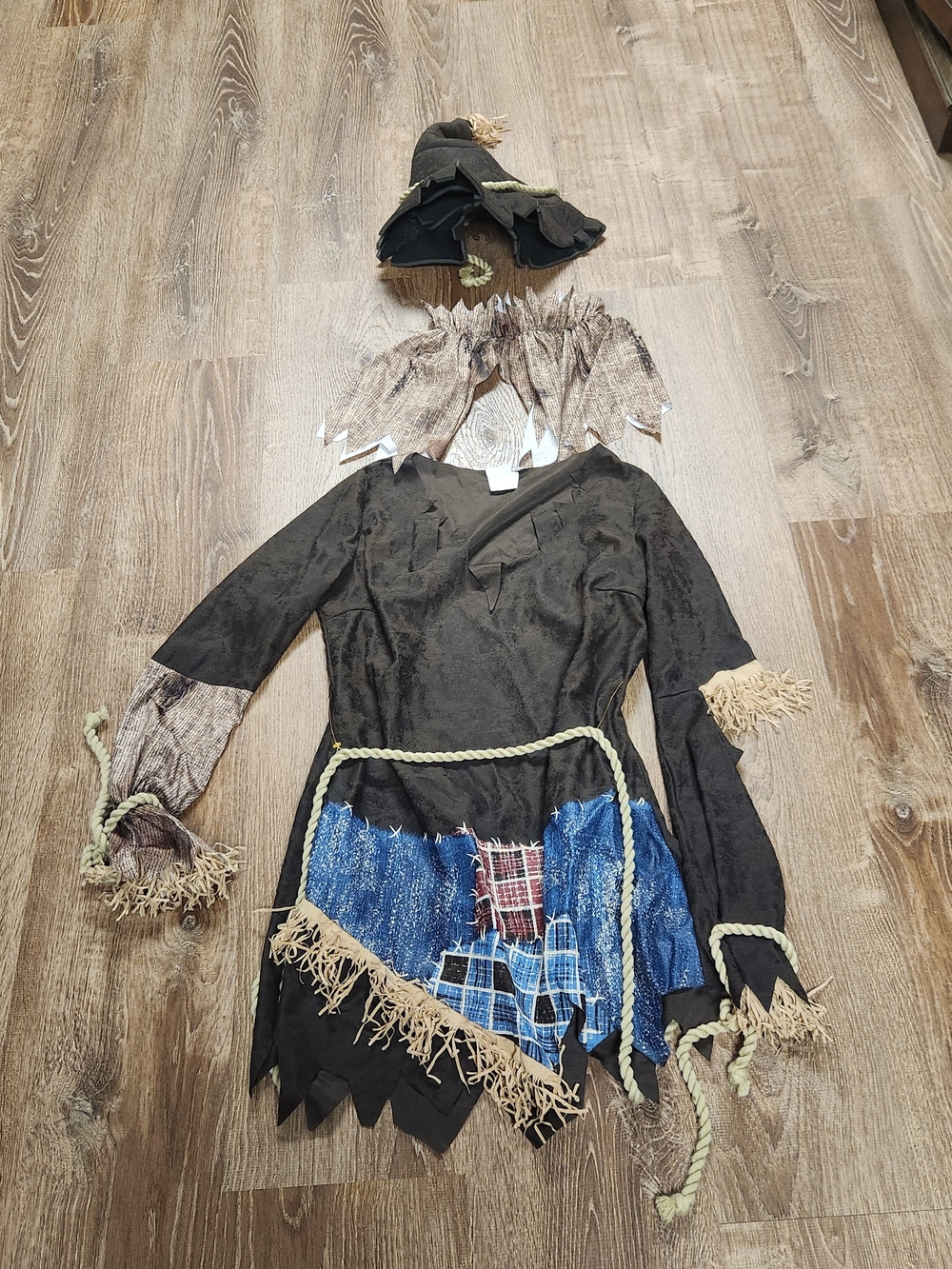 Spirit Brown Scarecrow Dress Costume with Blue Patchwork